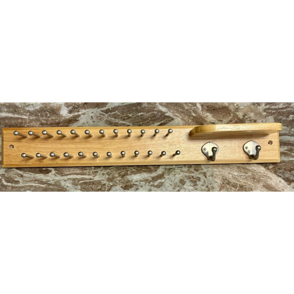 Oak TIE & BELT ORGANIZER. 24 Brushed Chrome Color Pegs, 2 Hooks & Shelf